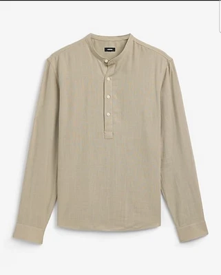 Express Men's Tan Linen-Blend Quarter Button Shirt Long Sleeve Size Large NWT - Image 1 of 3