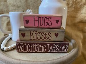 Distressed Hugs Kisses Valentine Wishes Tiered Tray Shelf Sitter Wood Block Set