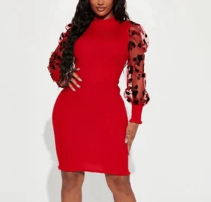 NWT Almost Famous Sweater Midi Dress Ribbed Large Red Petal floral Sheer Sleeve - Picture 1 of 16