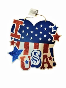 I Love USA patriotisch rot weiß blau Holz hängend drinnen draußen wiederverwendbar 11x11 - Bild 1 von 5