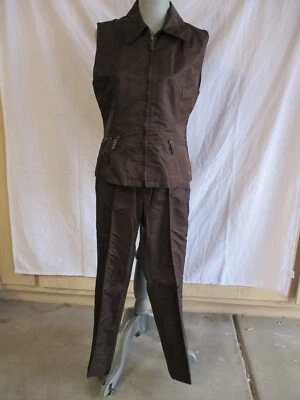 Vintage Cache Brown Polyester Satin Vest Pant Suit Brown Vest Sz 4 Pants Sz 2 - Image 1 of 4