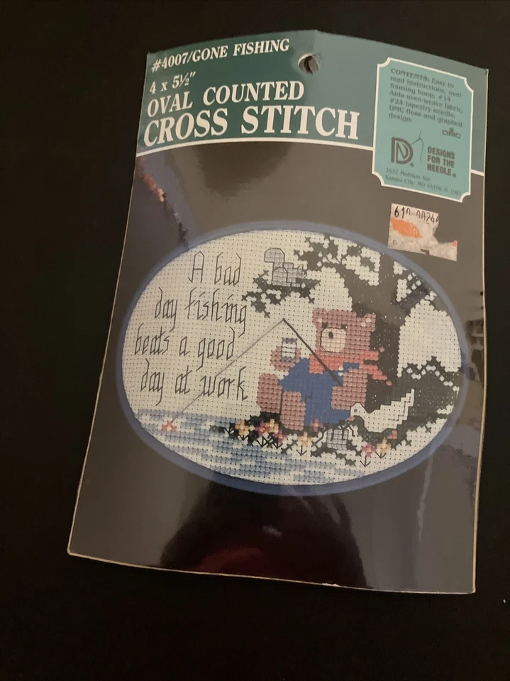 "Gone Fishing" Cross Stitch Kit w/ Frame #4007 Designs For the Needle 4" .5"