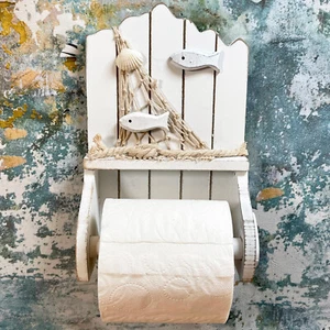 Nautical Toilet Roll Holder White Wood Fish Net Bathroom Paper Wall Storage - Picture 1 of 4