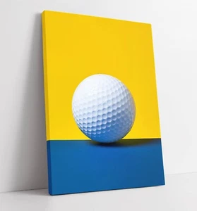GOLF BALL ON YELLOW AND BLUE BACKGROUND CANVAS WALL ART ARTWORK PRINT - Picture 1 of 2