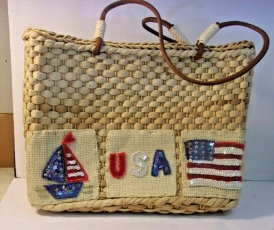 Cartera de paja con cáscara de maíz EE. UU. Bandera Barco Rojo Blanco Azul: Forro de lunares 11" x 9" Foto 1 de 4