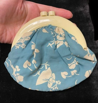 Vintage celluloid handbag purse blue Dutch boy girl fabric - Image 1 of 4