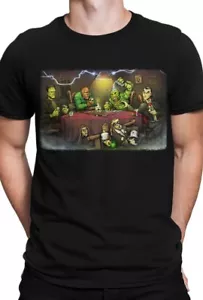 Camiseta para hombre GDA Get Down Art Monsters jugando al póquer negra Frankenstein momia - Imagen 1 de 3