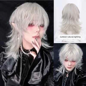 16 Zoll Silber Weiß Farbe Synthetische Perücke mit Knall Mittel Natur Welliges Haar Perücke - Bild 1 von 10