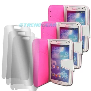 3X WALLET CASE COVER+SCREEN PROTECTOR FOLDING PU LEATHER PINK GALAXY S IV I9500 - Photo 1 sur 2