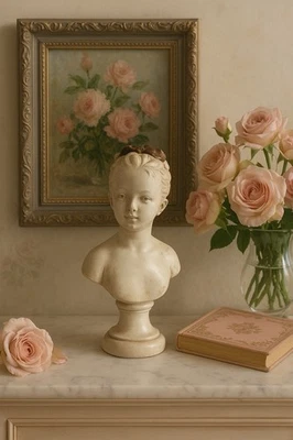 Antique-Style 10” Plaster Bust of Young Girl with Bronze Bow Vintage French Bust - Image 1 of 4