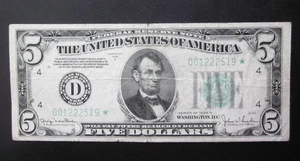 1934 D $5 Dollars *STAR* Note FRN Cleveland "D" Fr.1960D* Fine RARE US Banknote - Picture 1 of 2