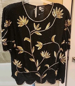 Carina X 4 ( 24" ) Beautiful Sequined and Beaded Sheer Black & Gold SS Shirt K - Picture 1 of 10