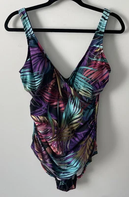 Traje de baño Miradonna By Miraclesuit para mujer 14 hojas de palma púrpura envoltura frontal ceñido Foto 1 de 4