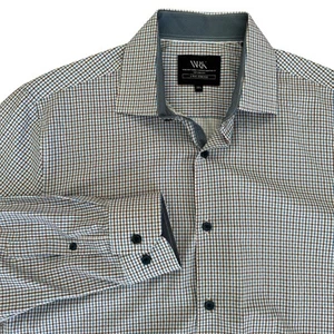 WRK Medium 4 Way Stretch Blue Plaid L/S Button Up Men's Performance Dress Shirt - Picture 1 of 7