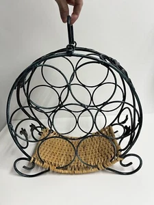 Vintage Wine Rack & Bottle Holder Wrought Green Iron/Wicker Carry Handle Holds 7 - Picture 1 of 8