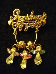 Goldtone Grandma's Angels Brooch Pin Pink Blue Purple Stones - Picture 1 of 12
