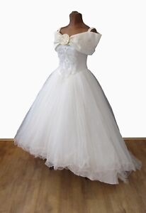Vintage Wedding Dress 80s French Princess Asymmetric Ivory Tulle Lace UK 10