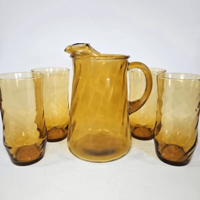 Винтажный кувшин для воды Libbey Glass Amber Optic Swirl и набор стаканов высотой 4 10 дюймов - Изображение 1 из 4