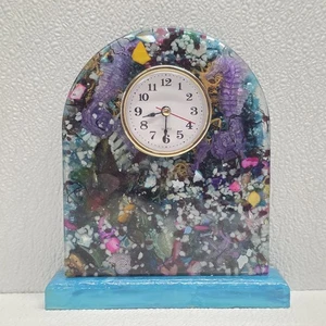 Seashell Sea Life Analog Clock 8" Blue Lucite Vomit Ocean Beach Vintage - Picture 1 of 23