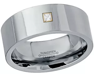 0.05ctw Princess Cut Diamond Ring, 9mm Pipe Cut Tungsten Wedding Band #066 - Picture 1 of 11
