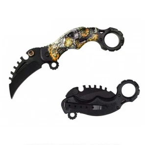 Yellow Skull Karambit Reverse Sawblade Spring Assist Folding Pocket Knife - Picture 1 of 5