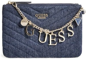 NEW GUESS Women's Carlita Blue Denim Logo Quilted Charm Zip Wristlet Wallet - Picture 1 of 4