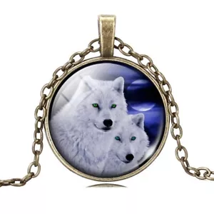 Nuevo collar colgante de cabujón de dos lobos para mujer - Imagen 1 de 1
