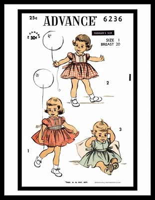 ADVANCE 6236 Sweet DRESS FROCK TODDLER Sewing Pattern Vintage 40s  6Mth * 1 * 2 - Image 1 of 4