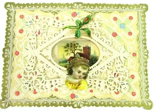 Antique Layered Paper Valentine Card With Die-Cut Lacy Doily Home Flowers Girl - Picture 1 of 3