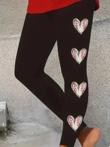 Baseball Heart Print Black Shiny Medium Stretch Leggins NIP - Picture 1 of 6
