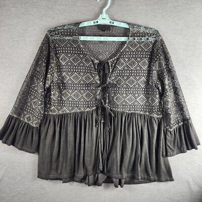 POL 女式花边钩针编织柔软透明开衫 M 烟灰色超大喇叭袖 — 第 1/4 张图片