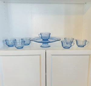 Indiana Glass Blue Pedestal Cake Plate Recollection Madrid Pastel Blue +6 Mugs - Picture 1 of 21