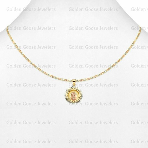 Ciondolo medaglia oro 14 kt tricolore zirconi Ntra Sra De Guadalupe catena Valentino