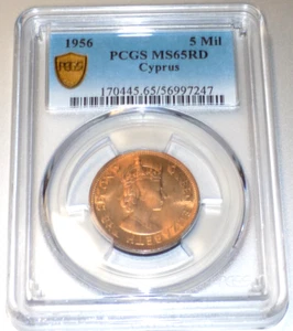 Chipre Británico 1956 Isabel II 5 mils. MONEDA COLONIA REINO UNIDO PCGS MS 65 roja - Imagen 1 de 4