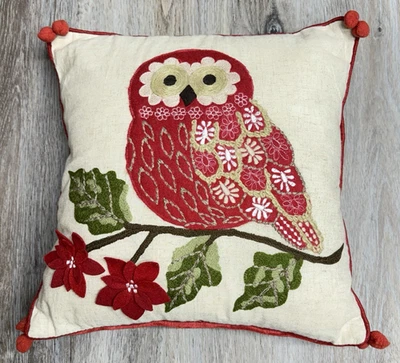 World Market Owl Embroidered Pillow Poinsettia Flowers Red Green 16 x 16 Read - Image 1 of 4