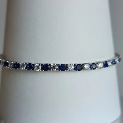 Теннисный браслет из чистого серебра с имитацией сапфира фианита 7,5 дюйма 9 г плавный дизайн - Изображение 1 из 4