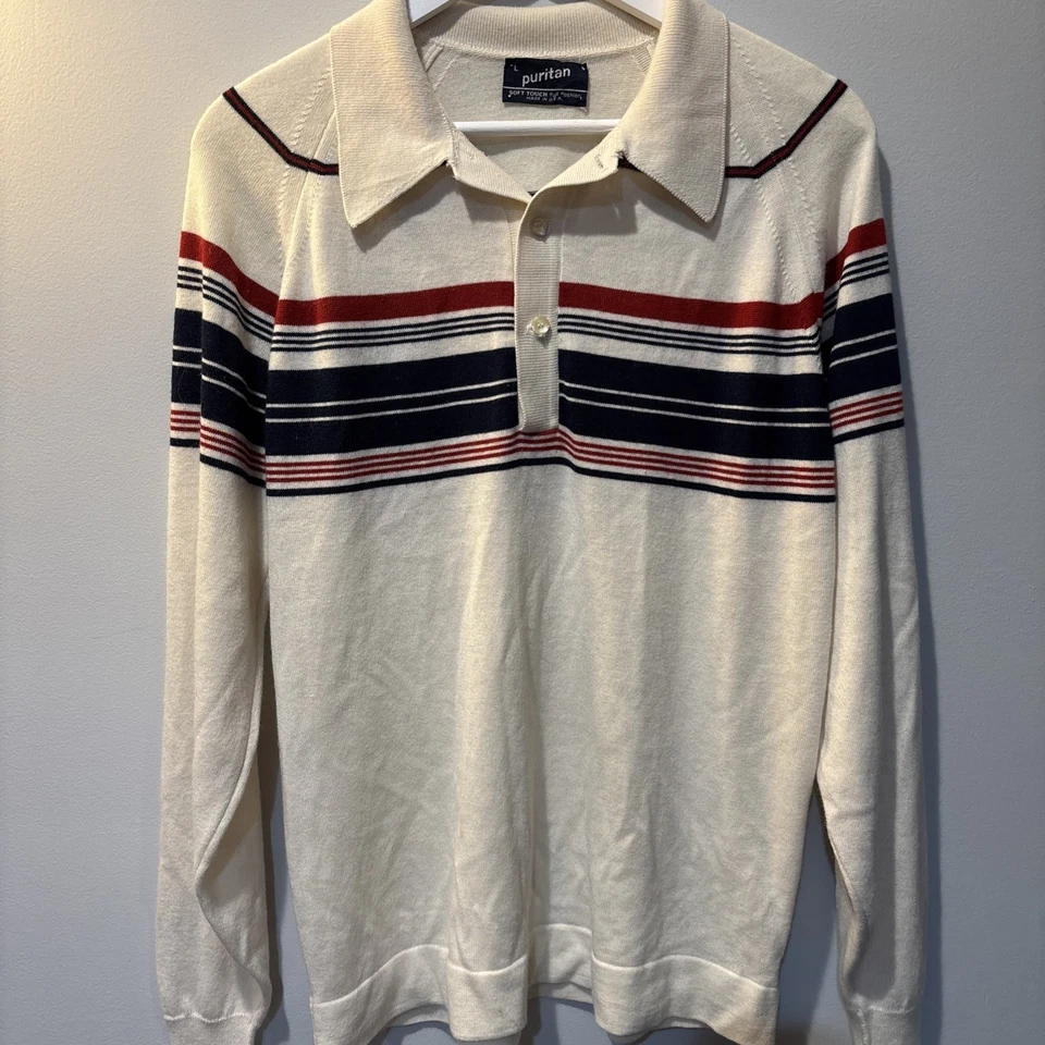 Mens Vintage Puritan Ivory Striped Blue Red Soft Knitted Polo Sweater Size L USA - Image 1 of 4