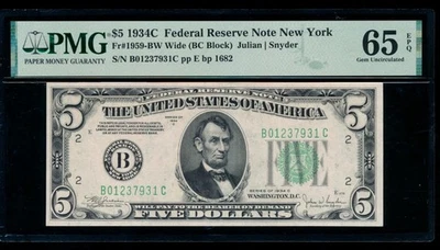 AC 1934C $5 New York Wide FRN PMG 65 EPQ B-C block Fr 1959-B - Image 1 of 2