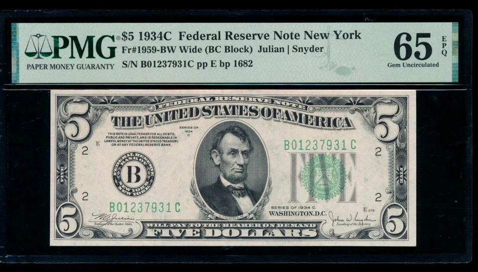 AC 1934C $5 New York Wide FRN PMG 65 EPQ B-C block Fr 1959-B - Image 1 of 2