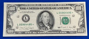 1990 $100 DOLLAR FEDERAL RESERVE STAR NOTE-SAN FRANCISCO DISTRICT. LOW SERIAL# - Picture 1 of 2