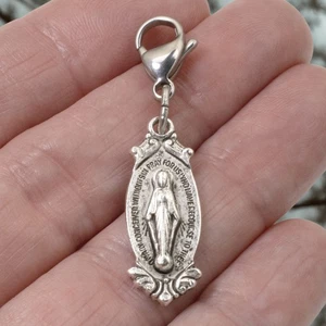 Miraculous Medal Clip On Charm Silver Virgin Mary Catholic Jewelry Gift 1.75" - Picture 1 of 8