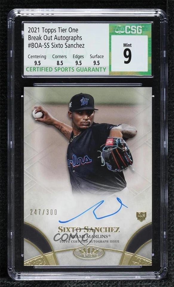 2021 Topps Tier One Break Out /300 Sixto Sanchez CSG 9 Mint Rookie Auto RC - Image 1 of 2