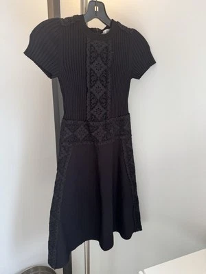 Vestido Valentino Negro Guipur Ribete de Encaje Acanalado Tejido Talla XS Manga Corta Foto 1 de 2