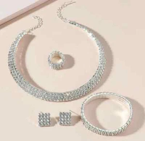 5 piezas Juego de Joyería de Estrás CollarPendientes Anillo Pulsera Moda Joyería - Imagen 1 de 3