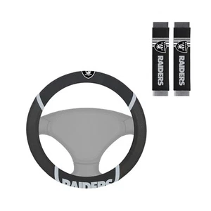 NEW LAS VEGAS RAIDERS MESH GRIP STEERING WHEEL COVER & 2 SEAT BELT PAD COVERS - Picture 1 of 4