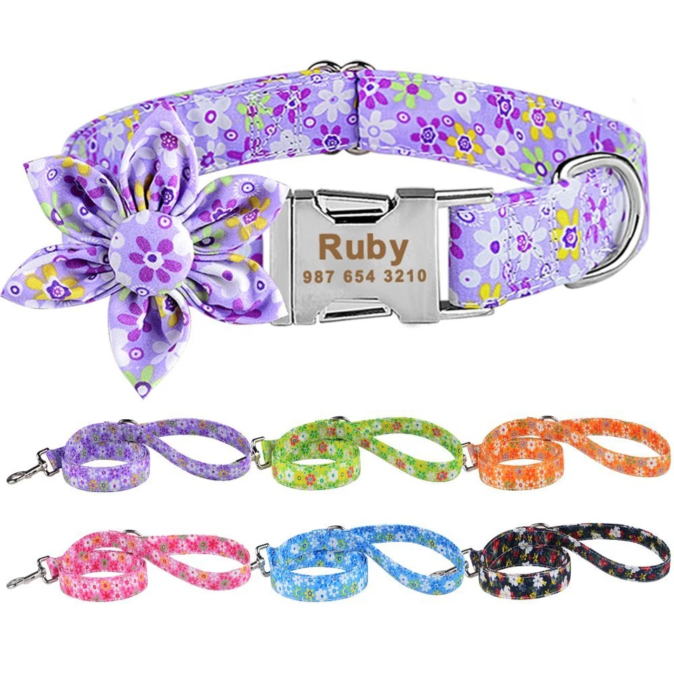 Flower Personalized Dog Collar and Leash Lead Name ID Tag Custom Small Girl - Image 1 of 4