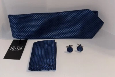 Juego de gemelos cuadrados de bolsillo con corbata a rayas Hi-Tie para hombre CF6 azul marino talla única Foto 1 de 4