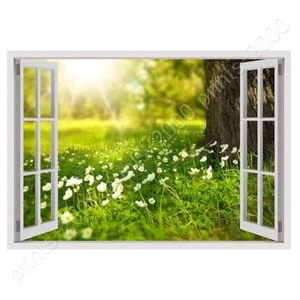 Sunshine Flowers Field por ventana 3D falsa | Lienzo listo para colgar | Arte de pared - Imagen 1 de 6