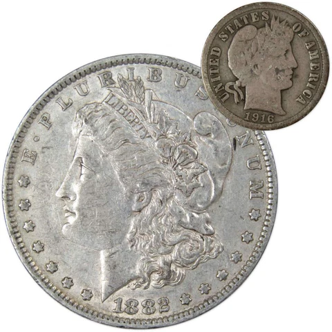 1882 O Morgan Dollar XF EF Extremely Fine with 1916 Barber Dime G Good Cover