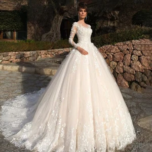 Gorgeous Princess Wedding Dresses O-Neck Long Sleeved Lace Applique Bridal Gowns - Picture 1 of 16